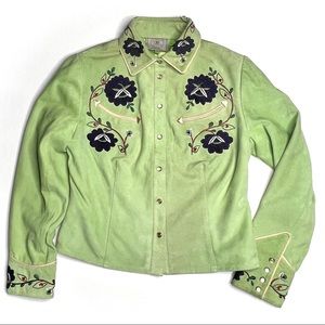 Double D Ranch green suede leather embroidered flowers lined button front jacket